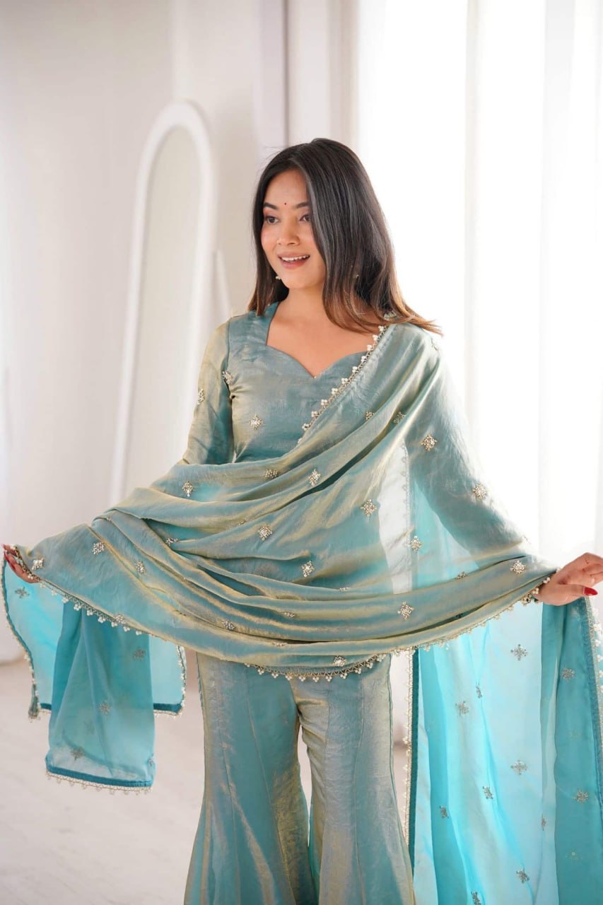Woman holding a light blue saree with a white background