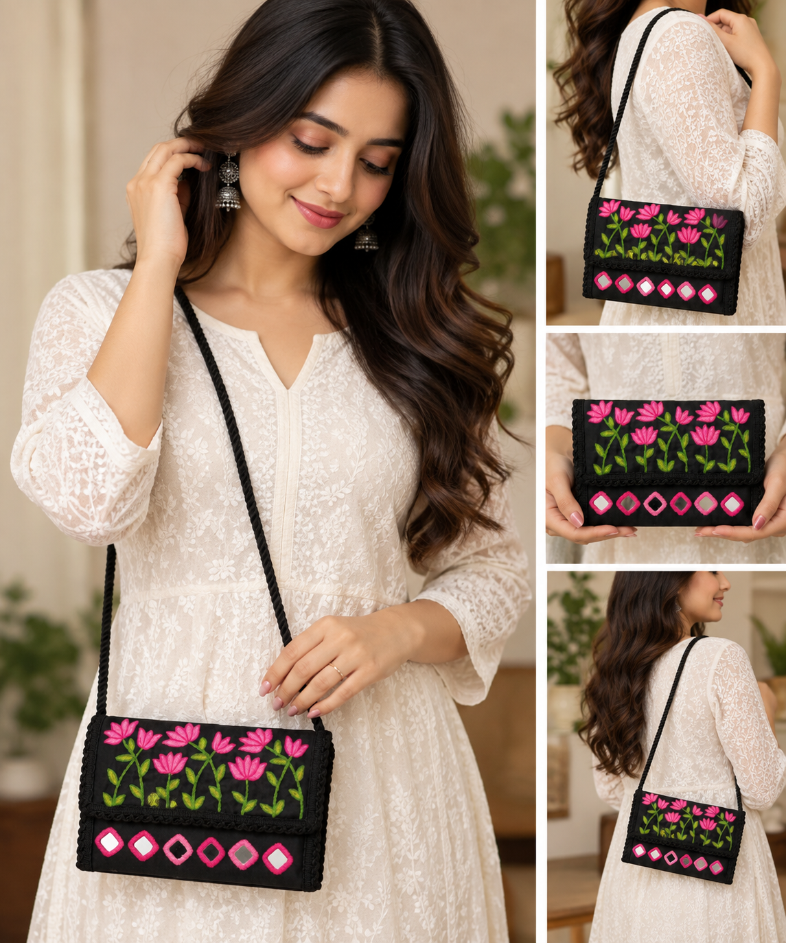 Aakrish Designers Handmade Embroidered Sling Bag – Ethnic Mirror Work & Floral Embroidery