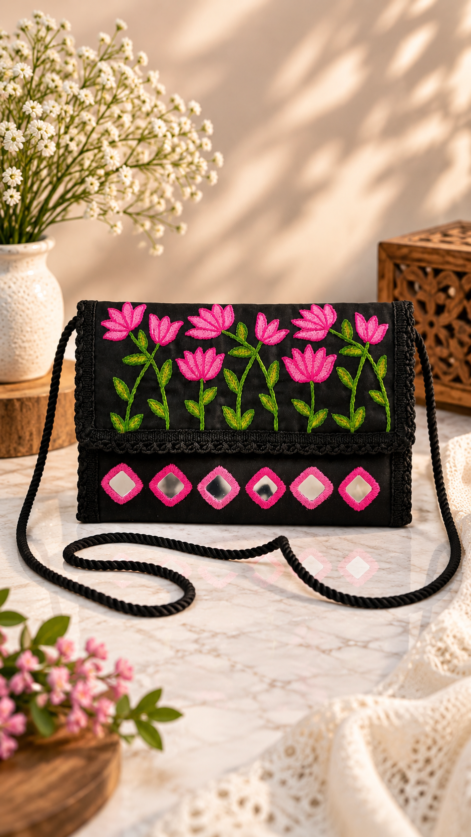 Aakrish Designers Handmade Embroidered Sling Bag – Ethnic Mirror Work & Floral Embroidery