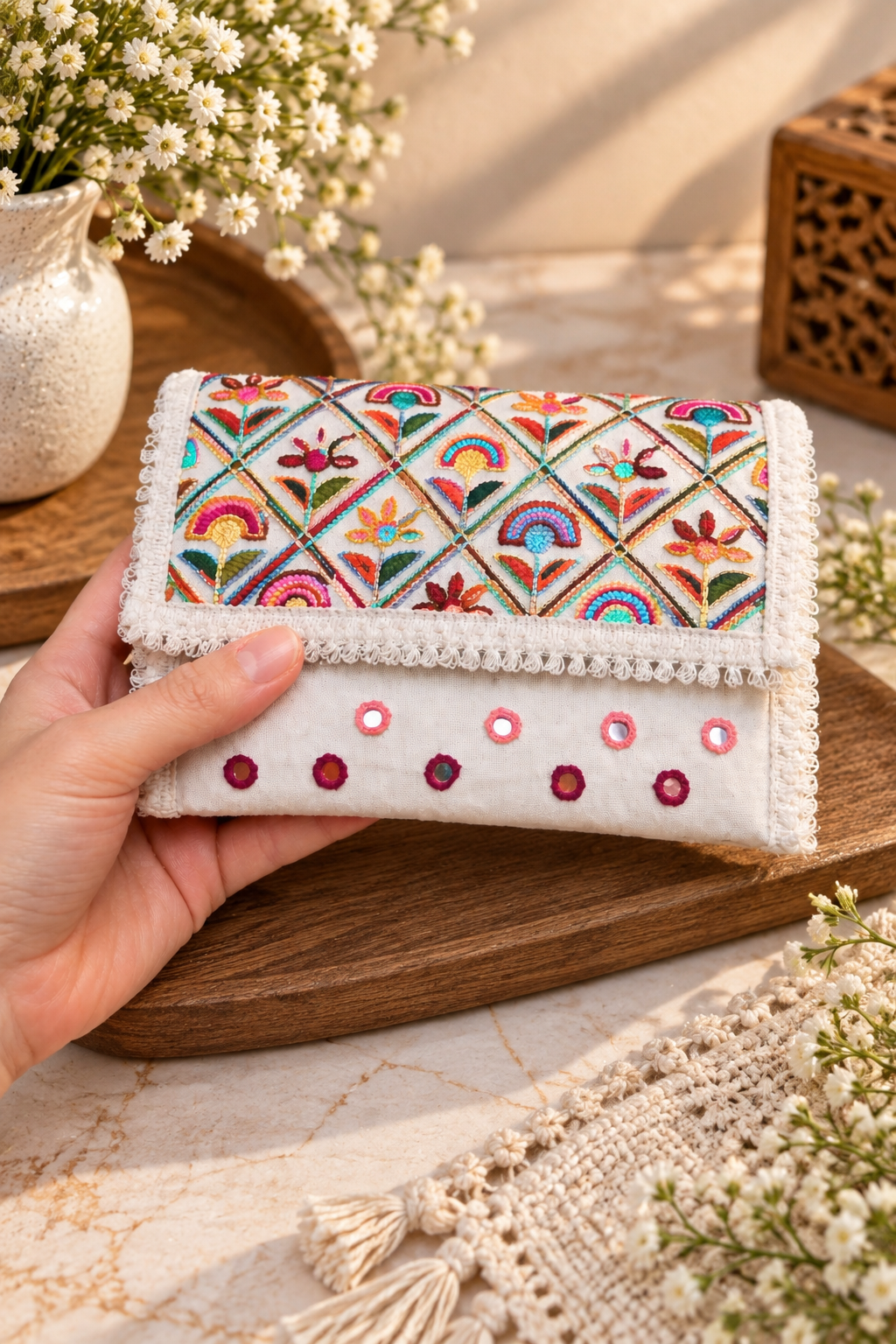 Aakrish Designers Handmade Embroidered Sling Bag – Ethnic Mirror Work & Floral Embroidery