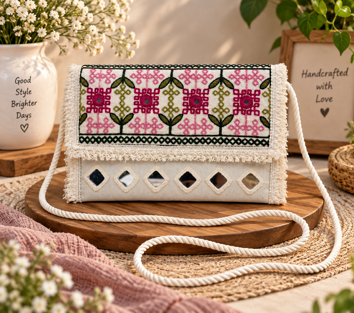 Aakrish Designers Handmade Embroidered Sling Bag , Ethnic Mirror Work & Floral Embroidery