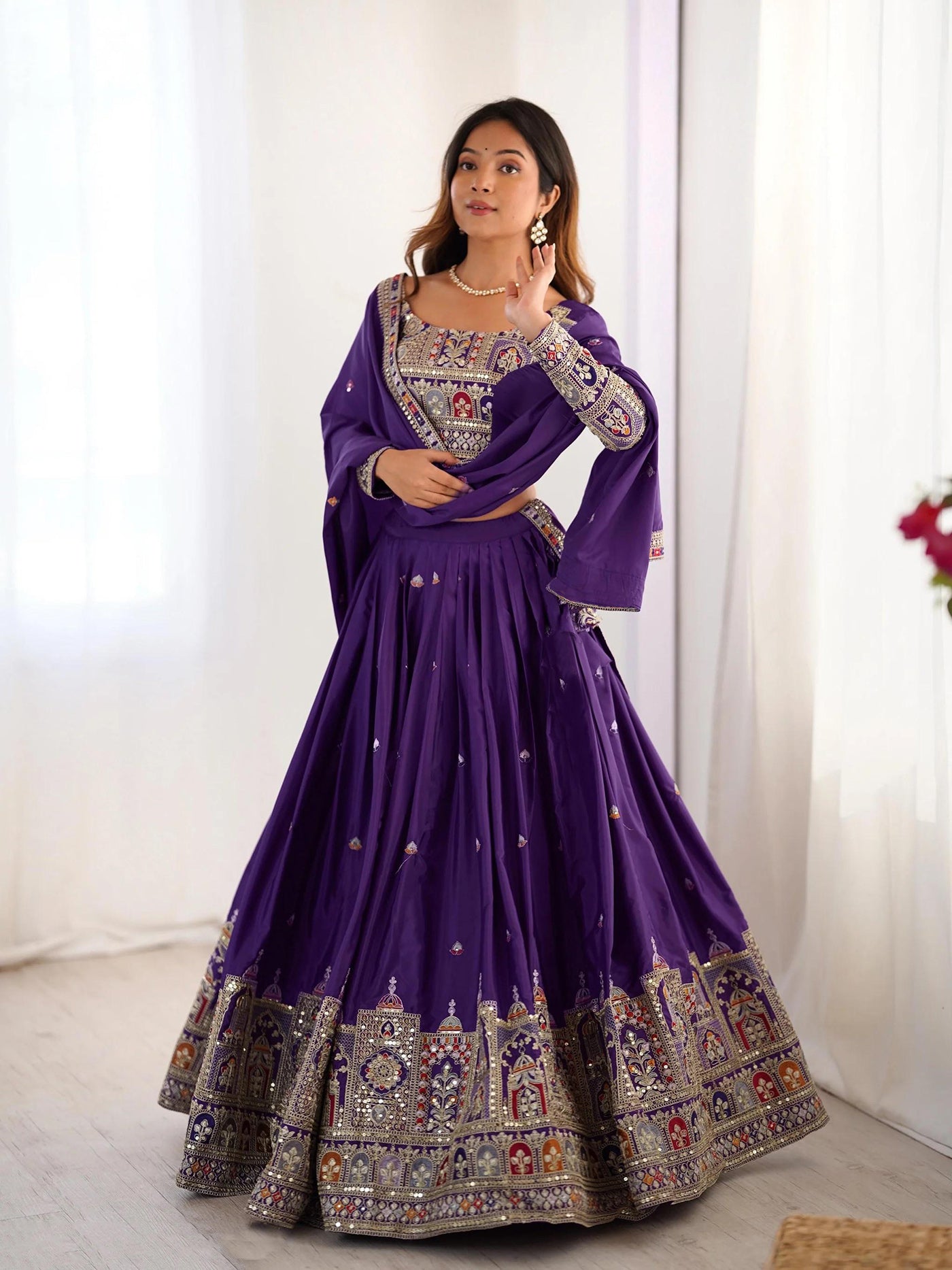 Aakrish Designers Purple Embroidered, Embellished Semi Stitched Lehenga Choli