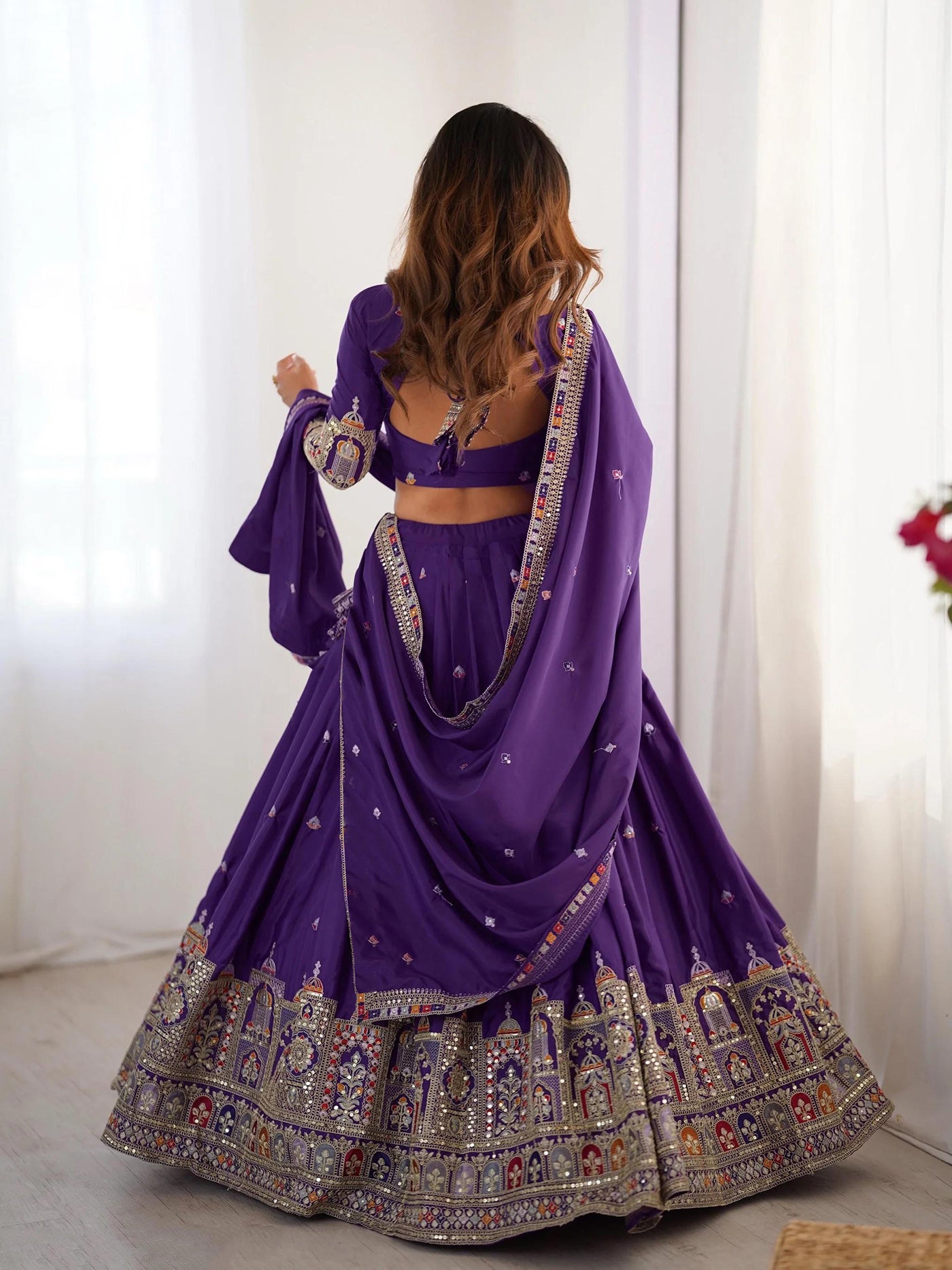 Aakrish Designers Purple Embroidered, Embellished Semi Stitched Lehenga Choli