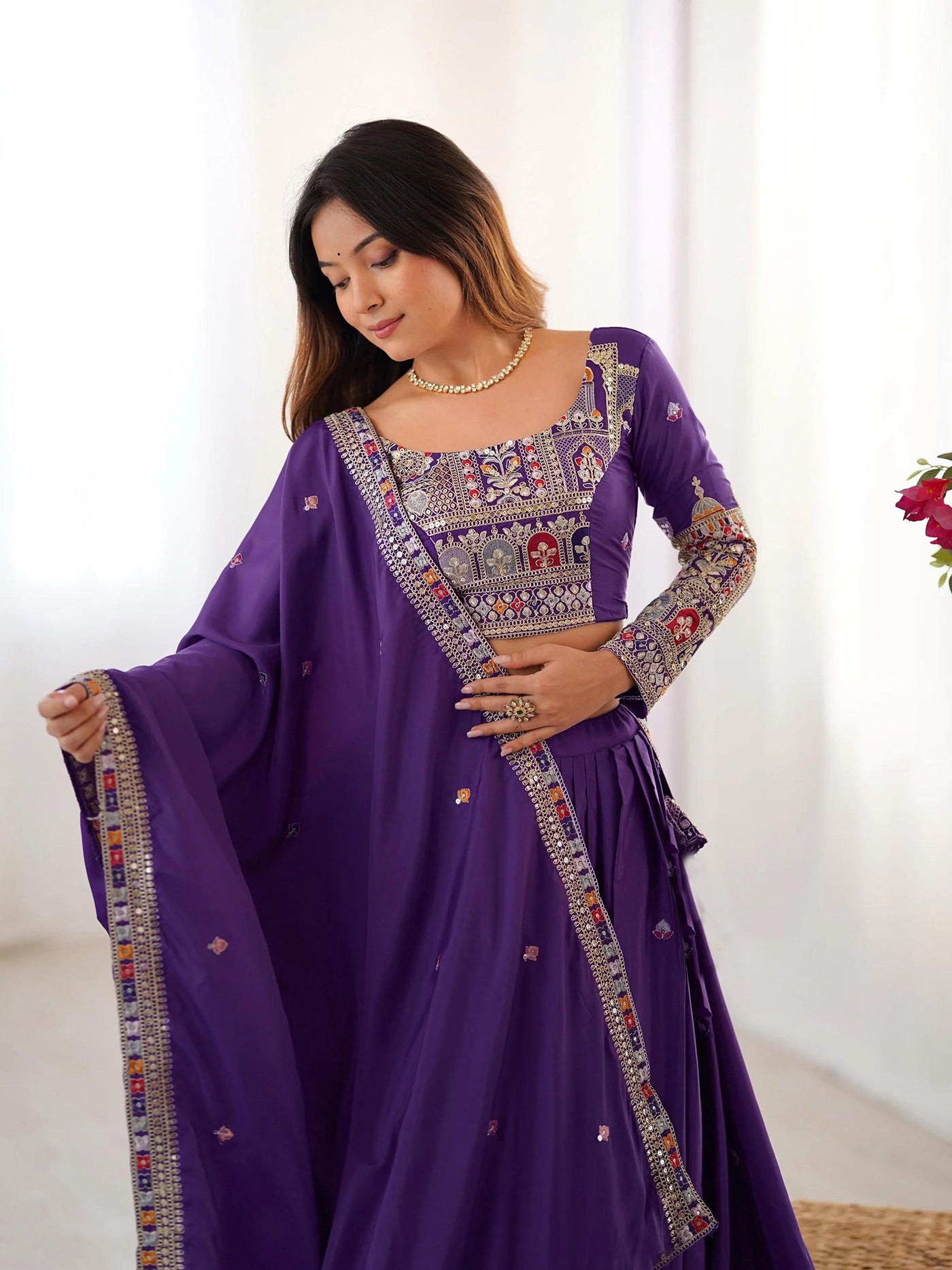 Aakrish Designers Purple Embroidered, Embellished Semi Stitched Lehenga Choli