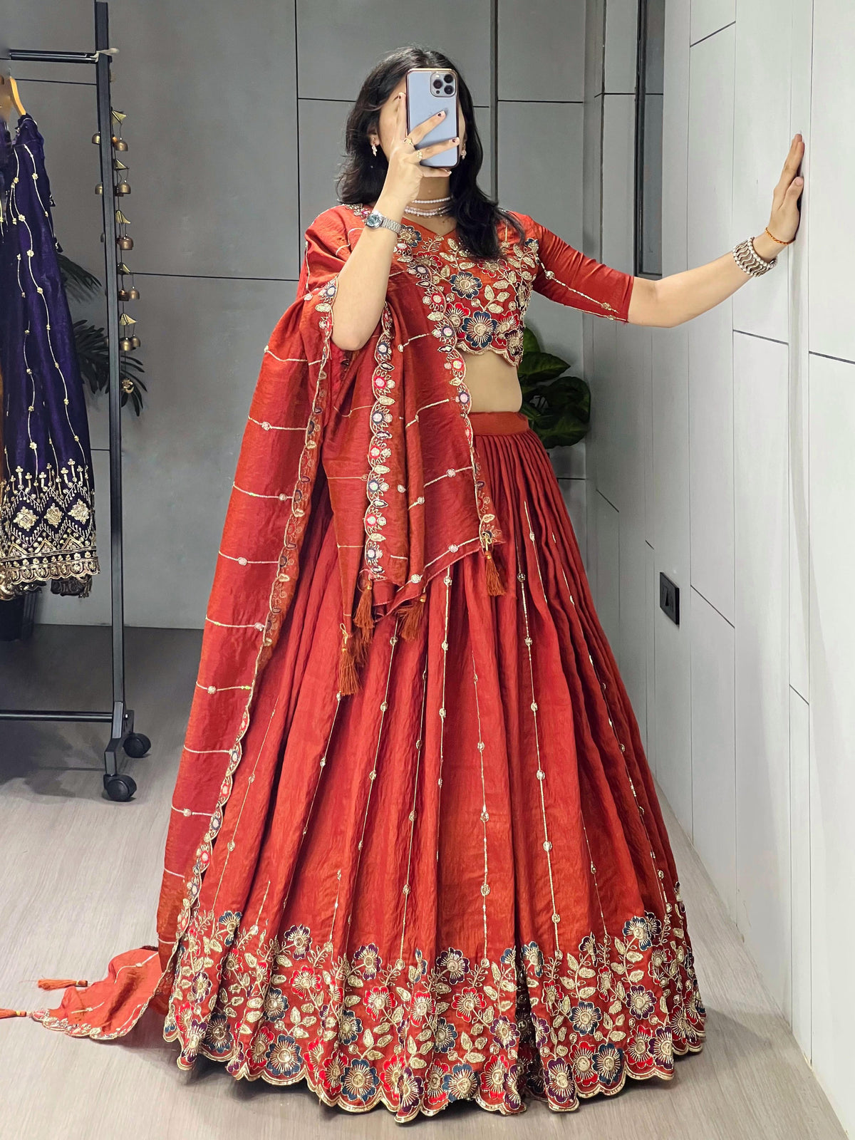 Aakrish Designers Rust Orange Embroidery Lehenga