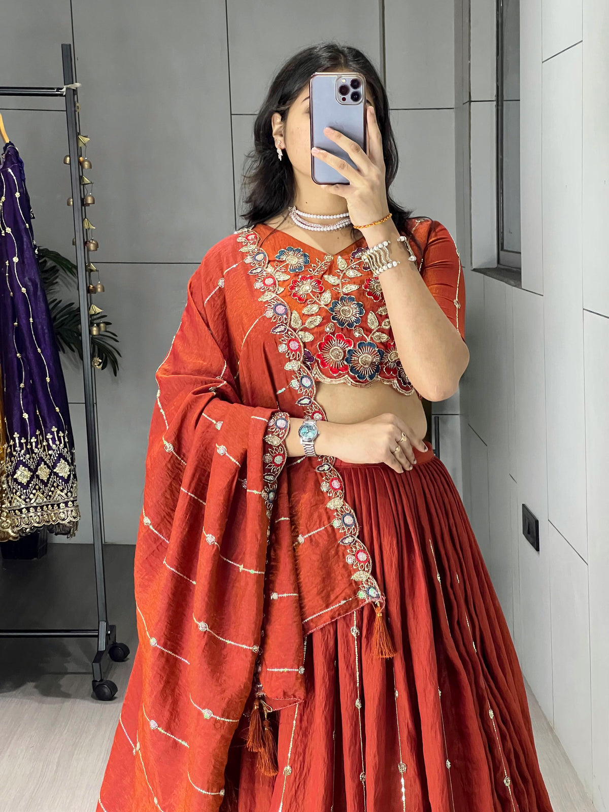 Aakrish Designers Rust Orange Embroidery Lehenga