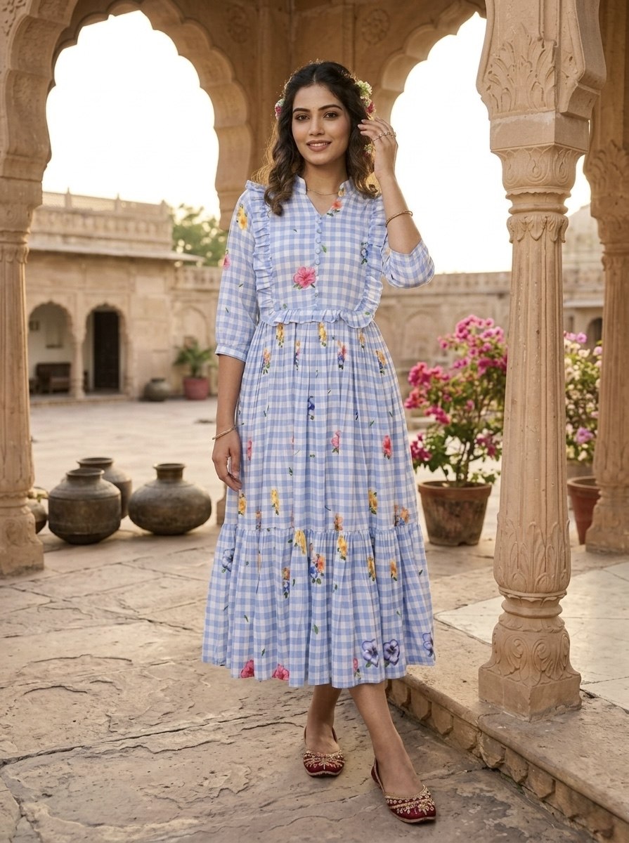 Premium Gingham Print Muslin Silk Kurti with Puff Sleeves