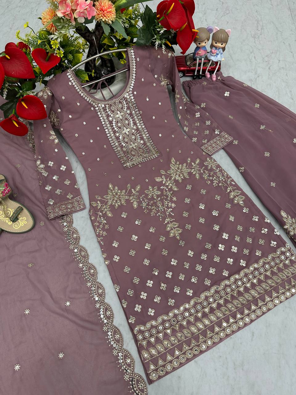 Premium Fox Georgette Embroidered Kurti & Palazzo Set with Dupatta
