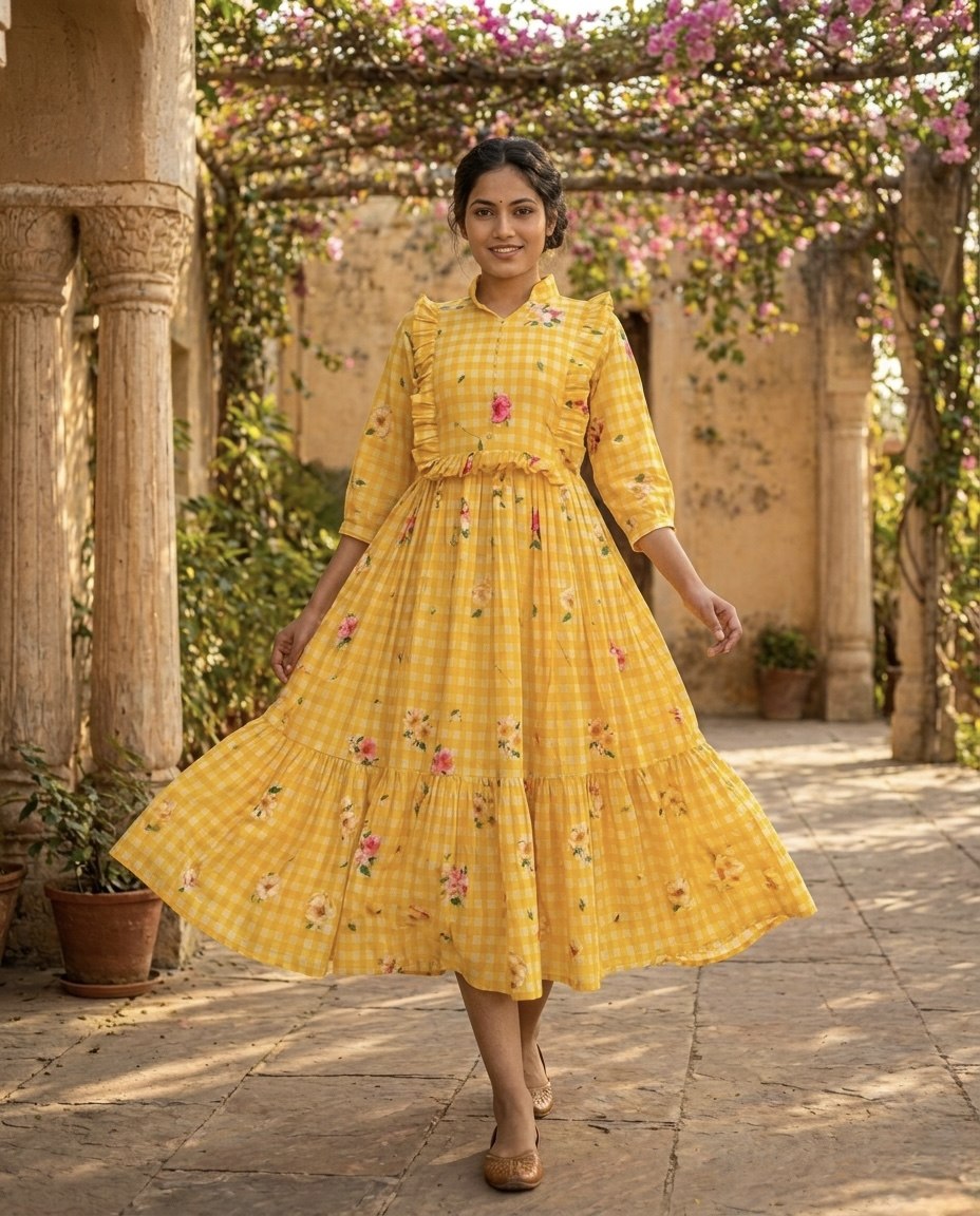 Premium Gingham Print Muslin Silk Kurti with Puff Sleeves