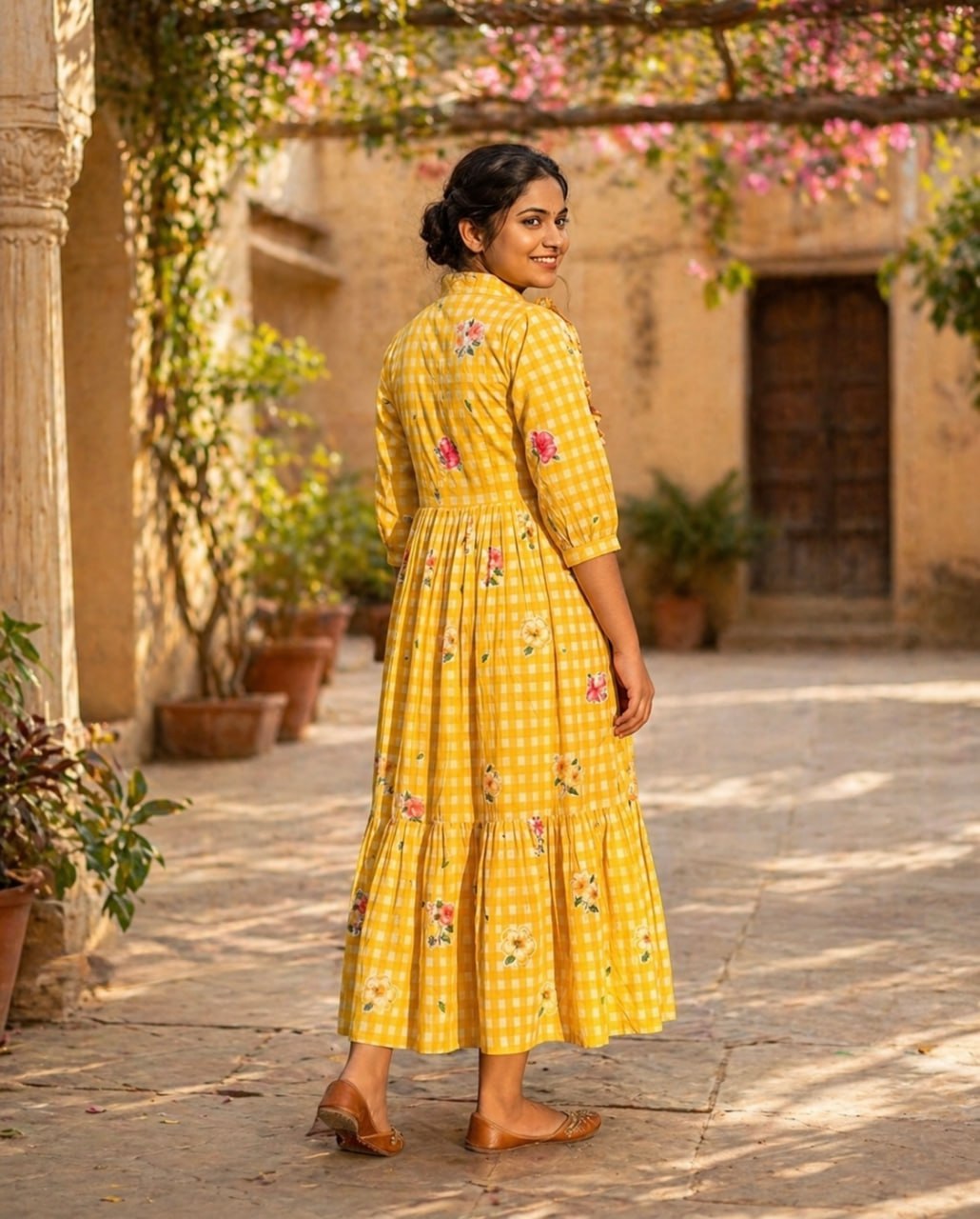 Premium Gingham Print Muslin Silk Kurti with Puff Sleeves