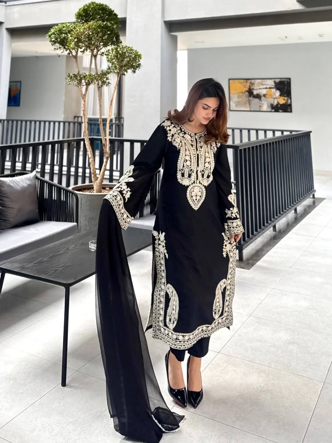 Pure Soft Organza Silk Embroidered Kurti & Satin Palazzo Set