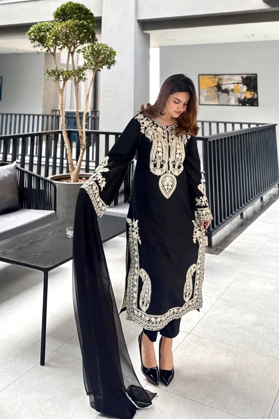 Pure Soft Organza Silk Embroidered Kurti & Satin Palazzo Set