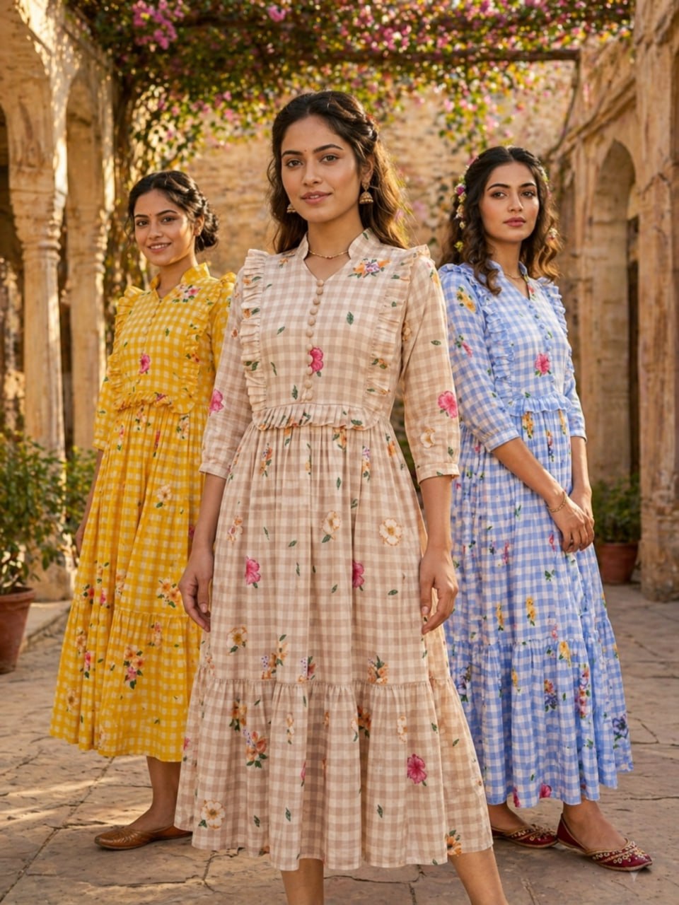 Premium Gingham Print Muslin Silk Kurti with Puff Sleeves