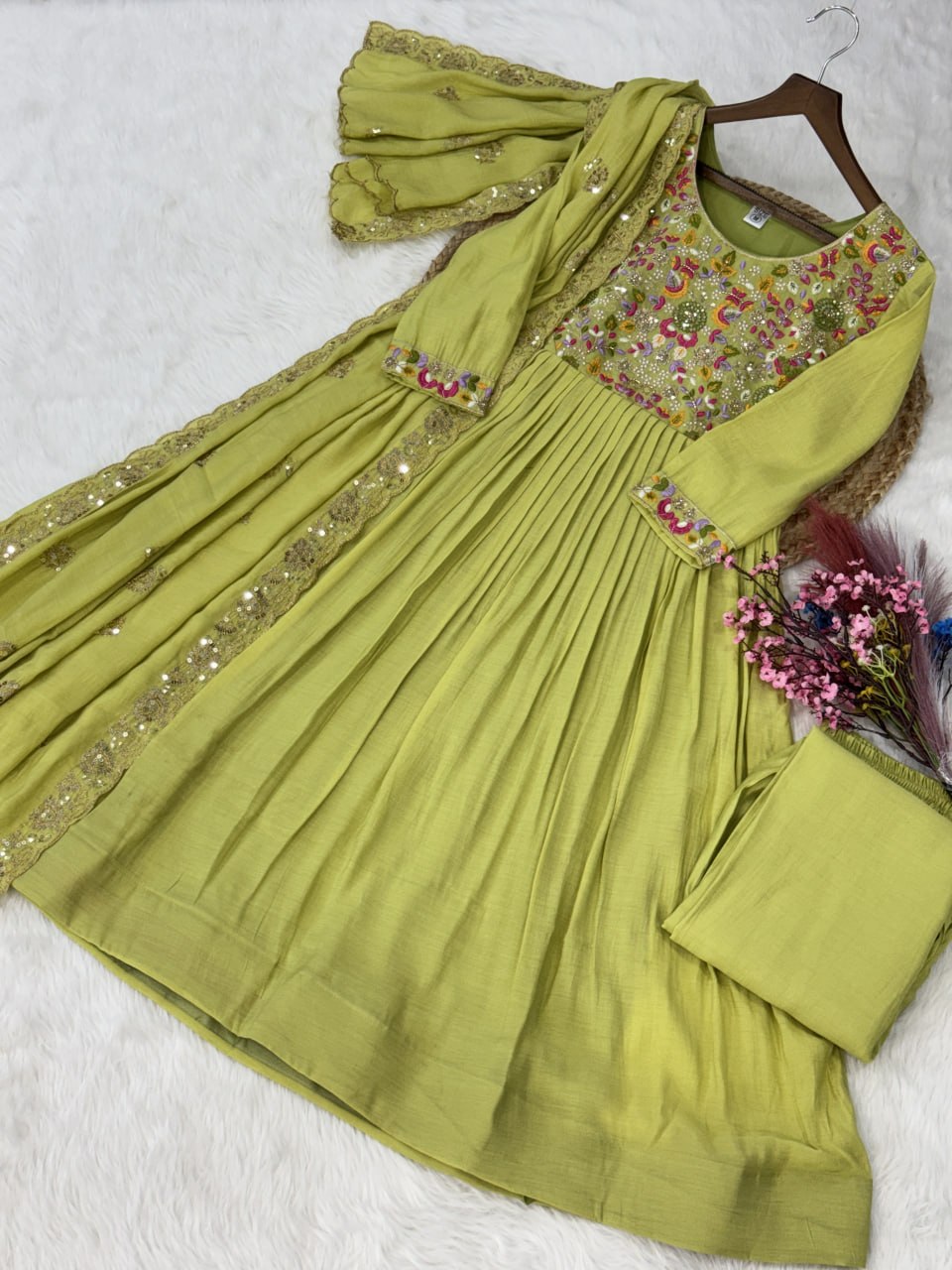 Elegant Mal Chanderi Embroidered Gown Set with Pant & Dupatta
