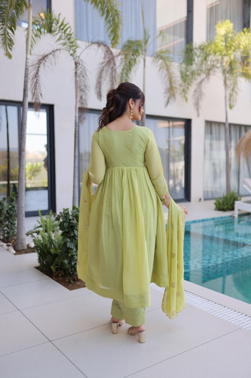 Elegant Mal Chanderi Embroidered Gown Set with Pant & Dupatta