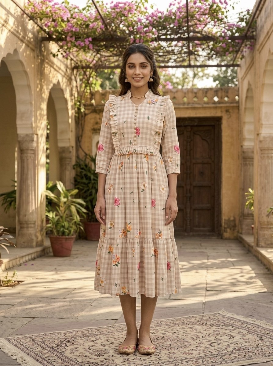 Premium Gingham Print Muslin Silk Kurti with Puff Sleeves