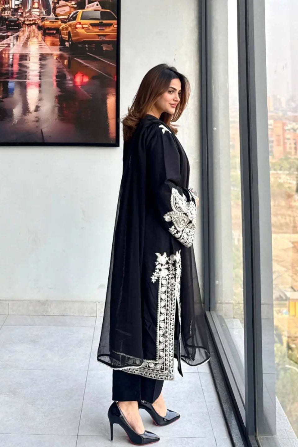 Pure Soft Organza Silk Embroidered Kurti & Satin Palazzo Set