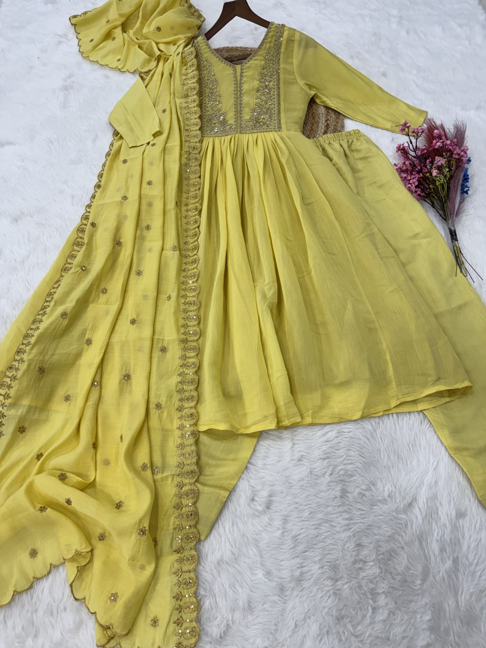 V-Neck Embroidered Gown Set with Roman Silk Pant & Dupatta