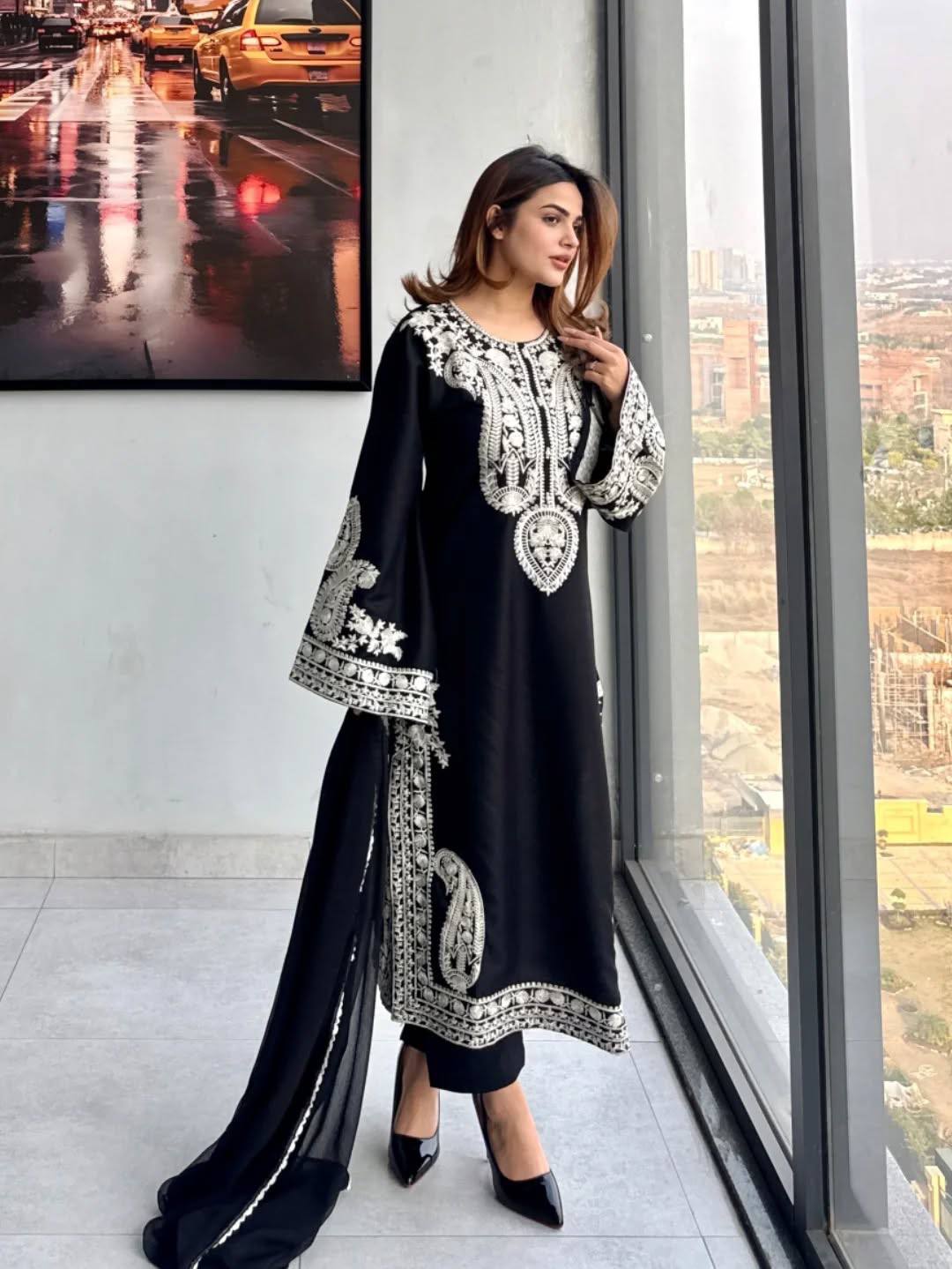 Pure Soft Organza Silk Embroidered Kurti & Satin Palazzo Set