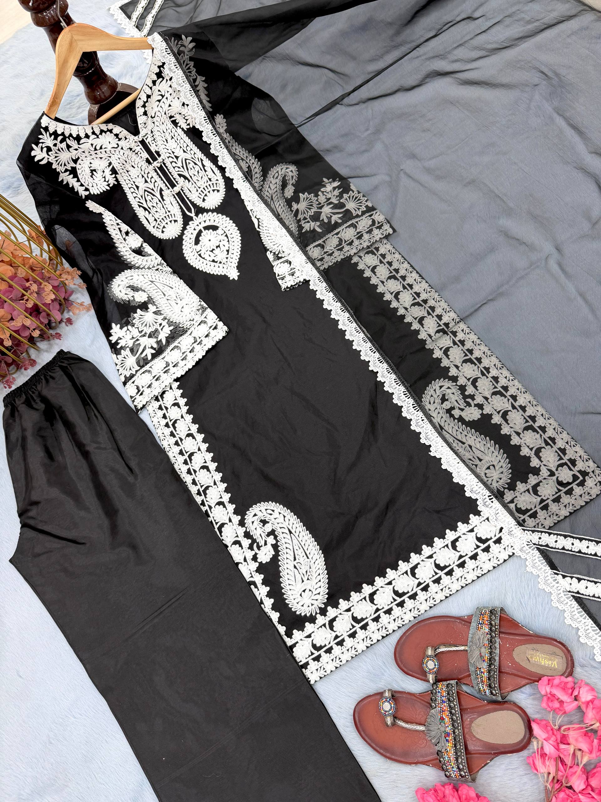 Pure Soft Organza Silk Embroidered Kurti & Satin Palazzo Set