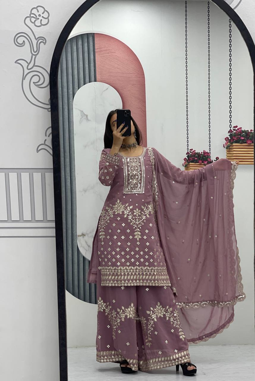 Premium Fox Georgette Embroidered Kurti & Palazzo Set with Dupatta