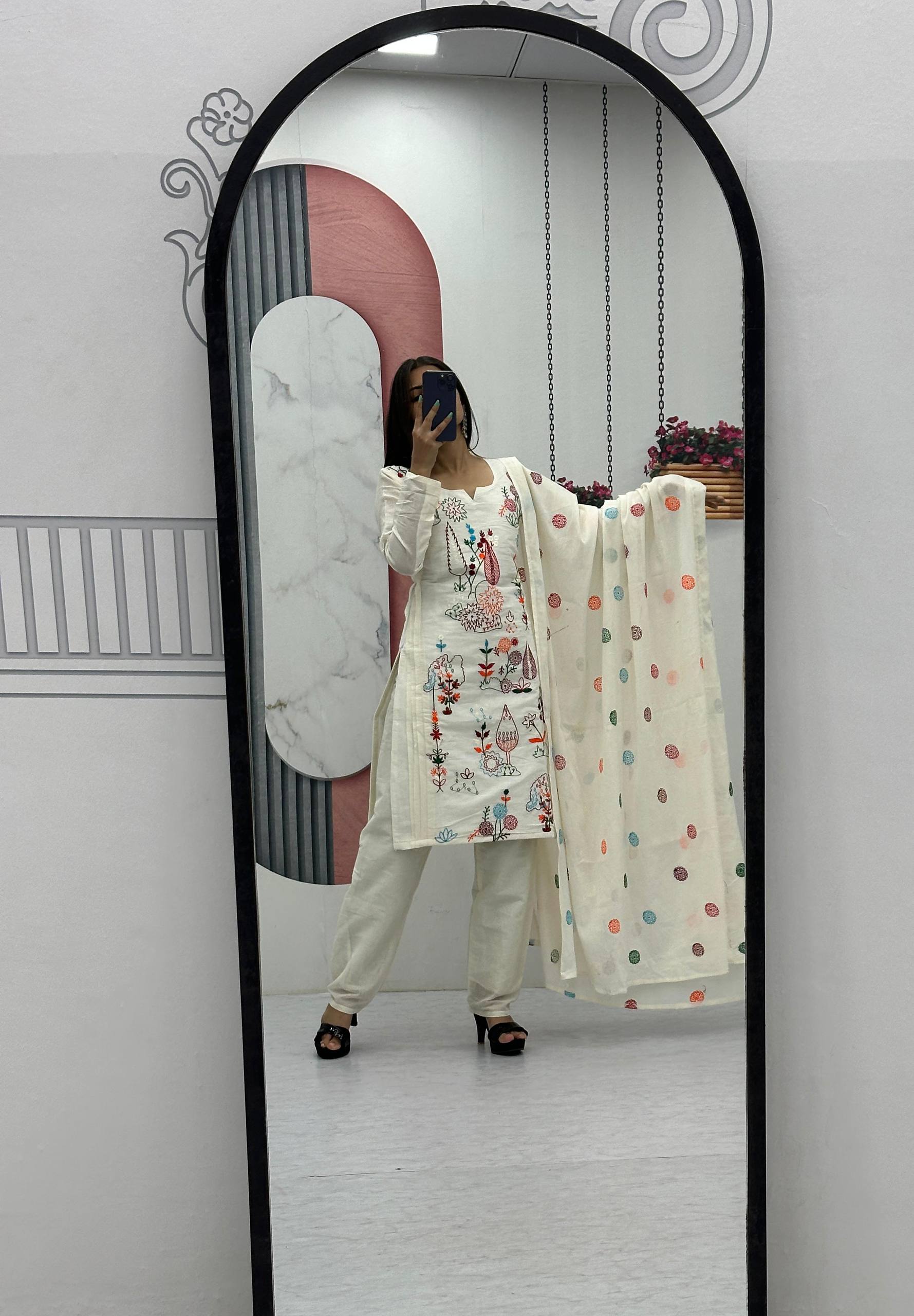 Premium Khadi Cotton Embroidered Kurti, Pant & Dupatta Set