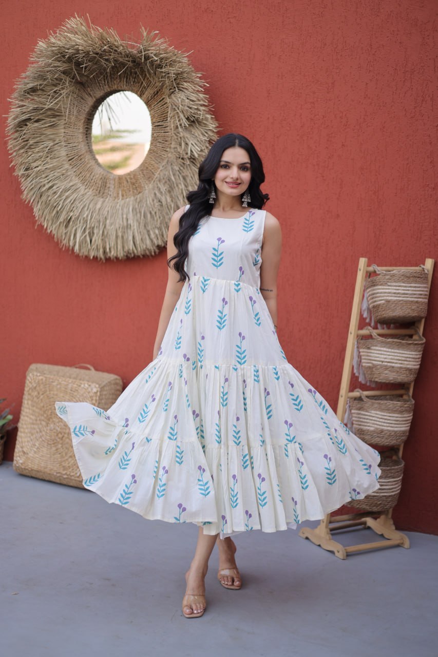 Printed Cotton Frill Kurti with 5-Meter Flair