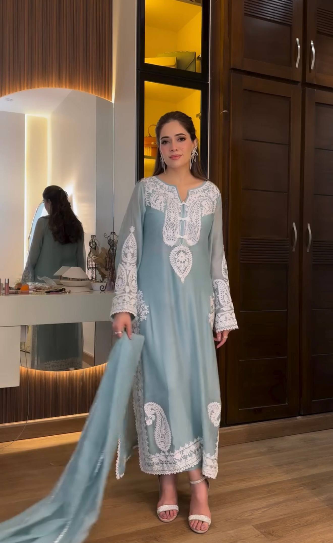 Pure Soft Organza Silk Embroidered Kurti & Satin Palazzo Set