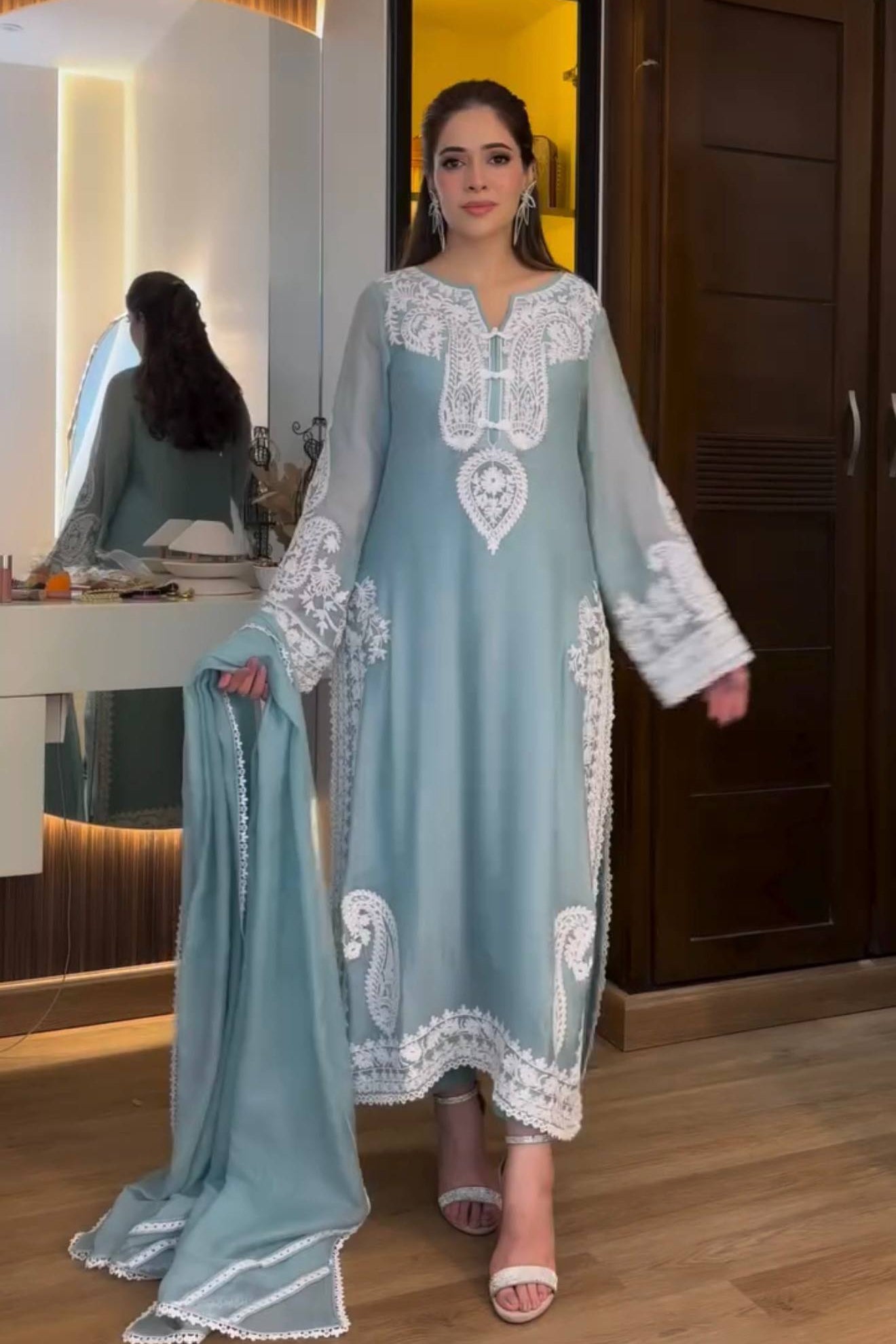 Pure Soft Organza Silk Embroidered Kurti & Satin Palazzo Set