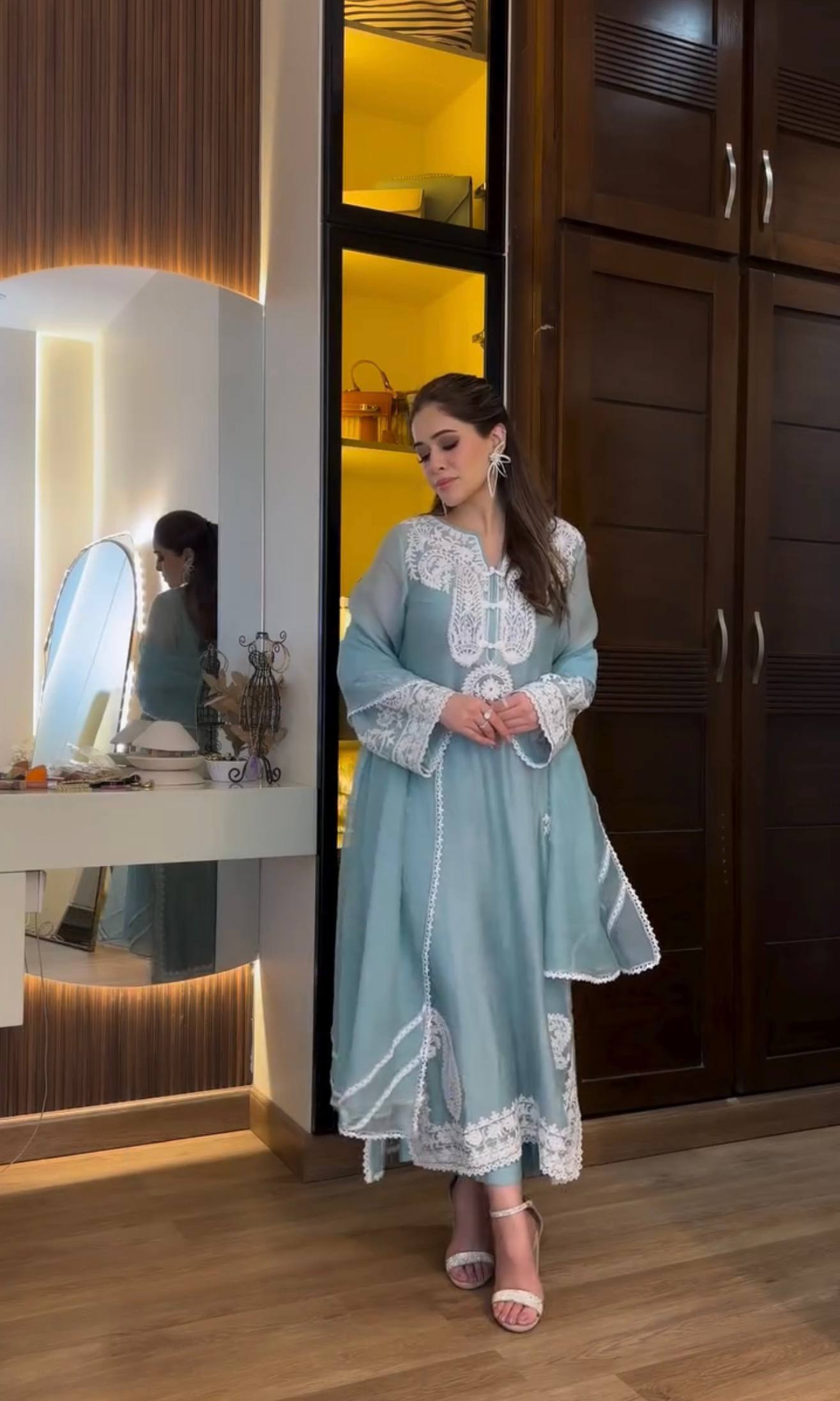 Pure Soft Organza Silk Embroidered Kurti & Satin Palazzo Set
