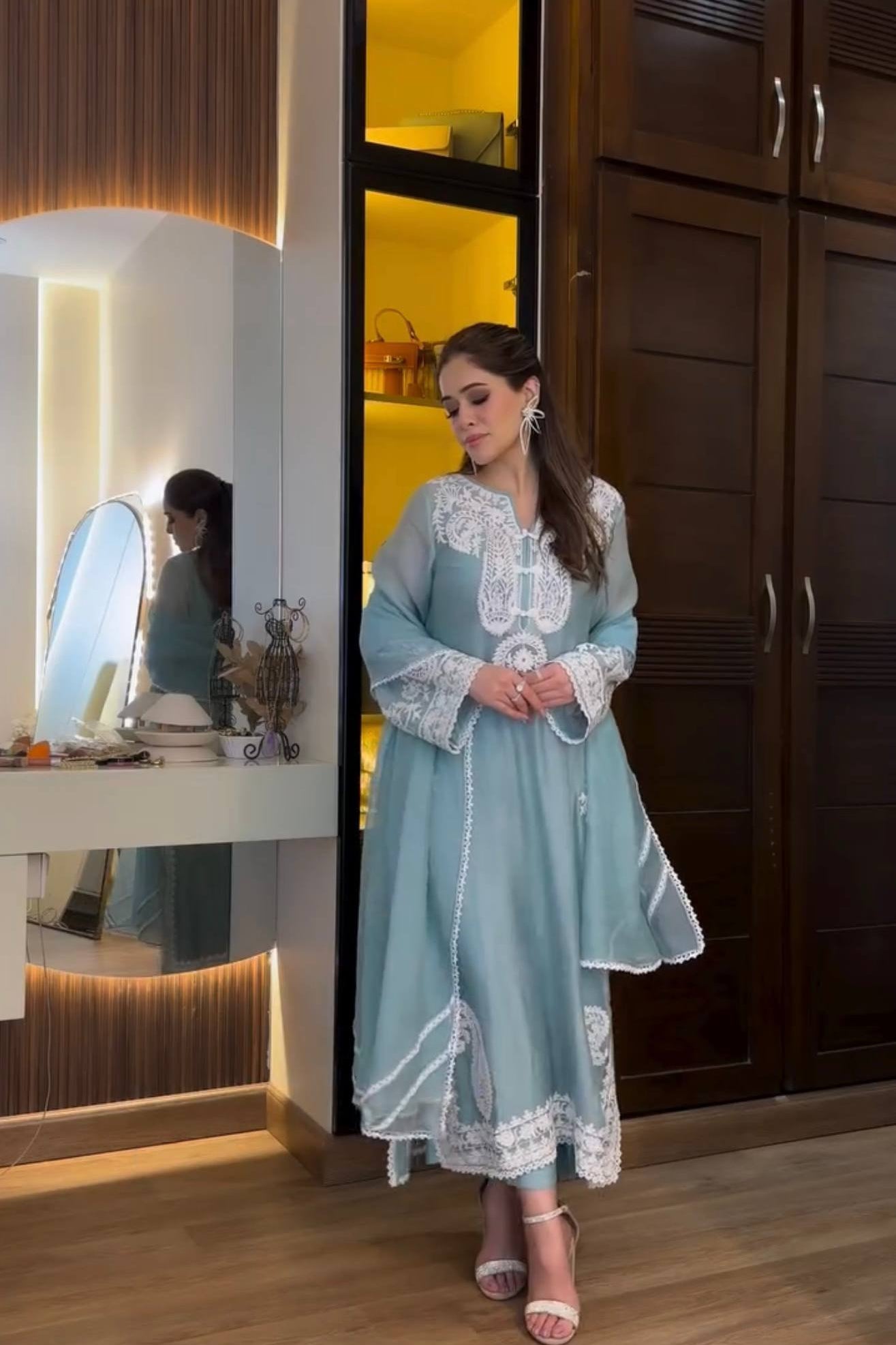 Pure Soft Organza Silk Embroidered Kurti & Satin Palazzo Set