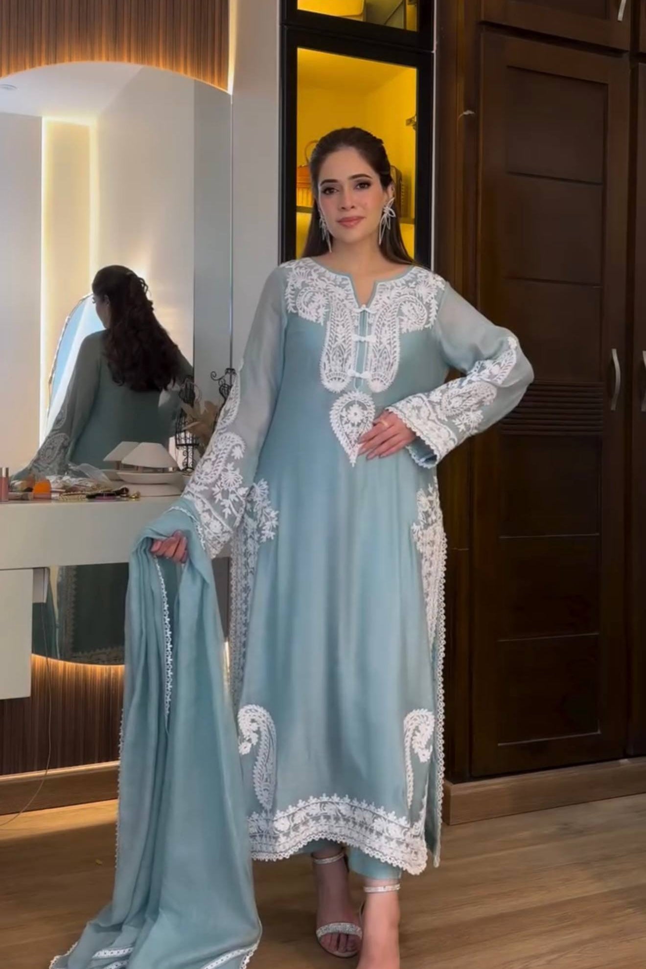 Pure Soft Organza Silk Embroidered Kurti & Satin Palazzo Set