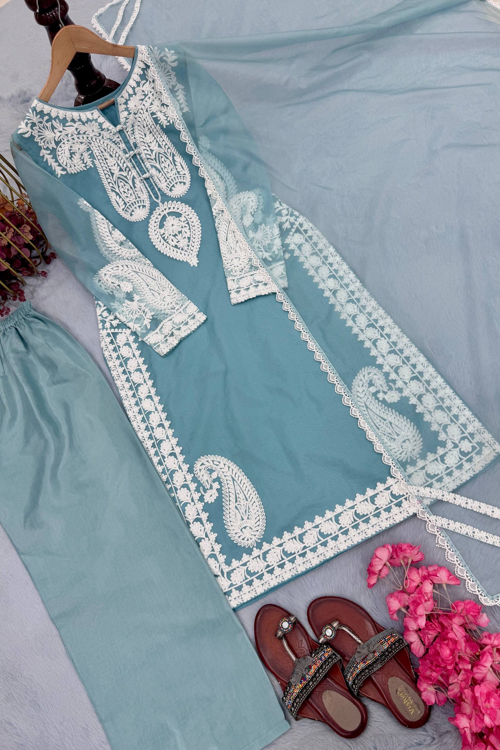 Pure Soft Organza Silk Embroidered Kurti & Satin Palazzo Set