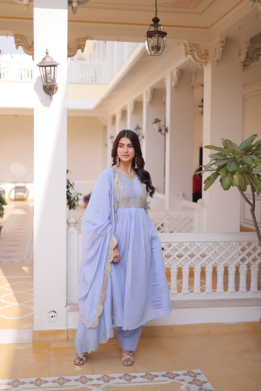V-Neck Embroidered Gown Set with Roman Silk Pant & Dupatta