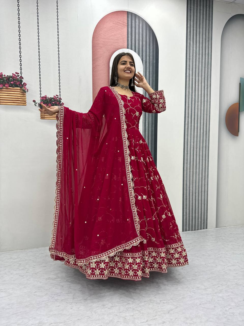 Premium Fox Georgette Embroidered Partywear Gown & Dupatta Set