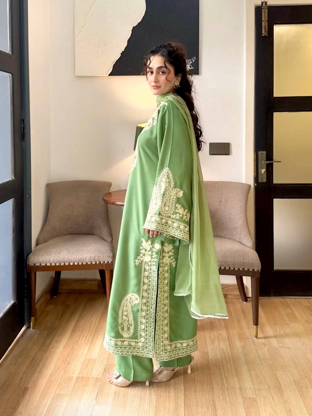 Pure Soft Organza Silk Embroidered Kurti & Satin Palazzo Set