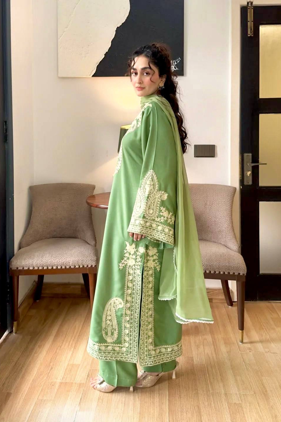 Pure Soft Organza Silk Embroidered Kurti & Satin Palazzo Set