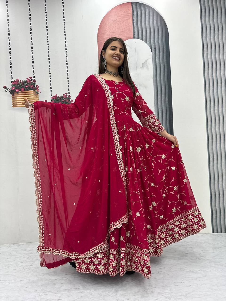 Premium Fox Georgette Embroidered Partywear Gown & Dupatta Set