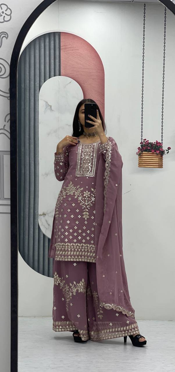 Premium Fox Georgette Embroidered Kurti & Palazzo Set with Dupatta