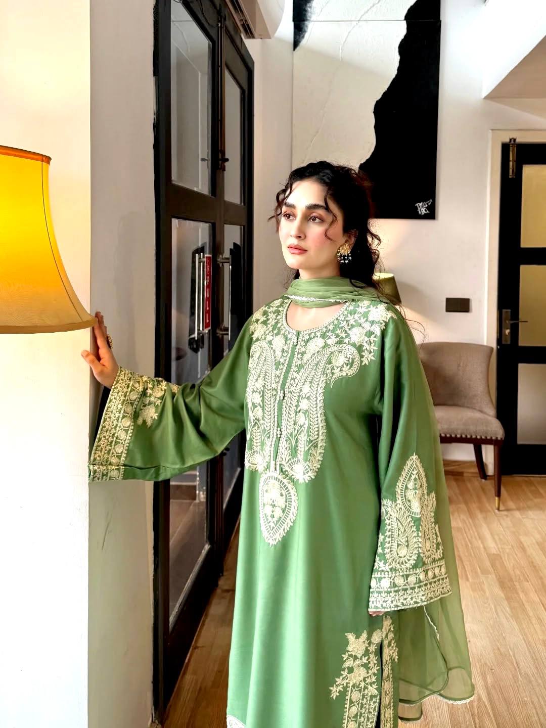Pure Soft Organza Silk Embroidered Kurti & Satin Palazzo Set