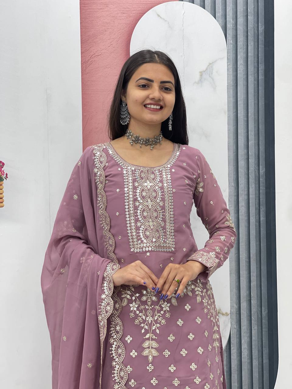 Premium Fox Georgette Embroidered Kurti & Palazzo Set with Dupatta