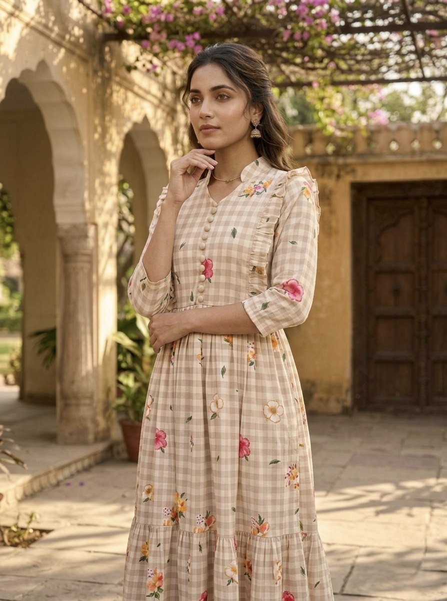 Premium Gingham Print Muslin Silk Kurti with Puff Sleeves