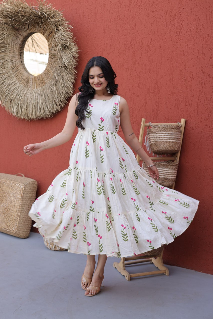 Printed Cotton Frill Kurti with 5-Meter Flair