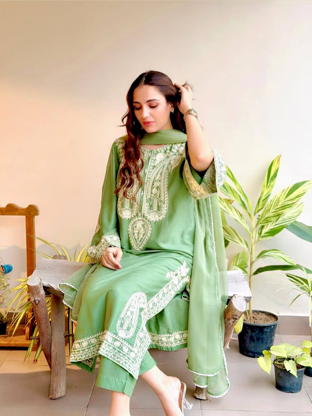 Pure Soft Organza Silk Embroidered Kurti & Satin Palazzo Set