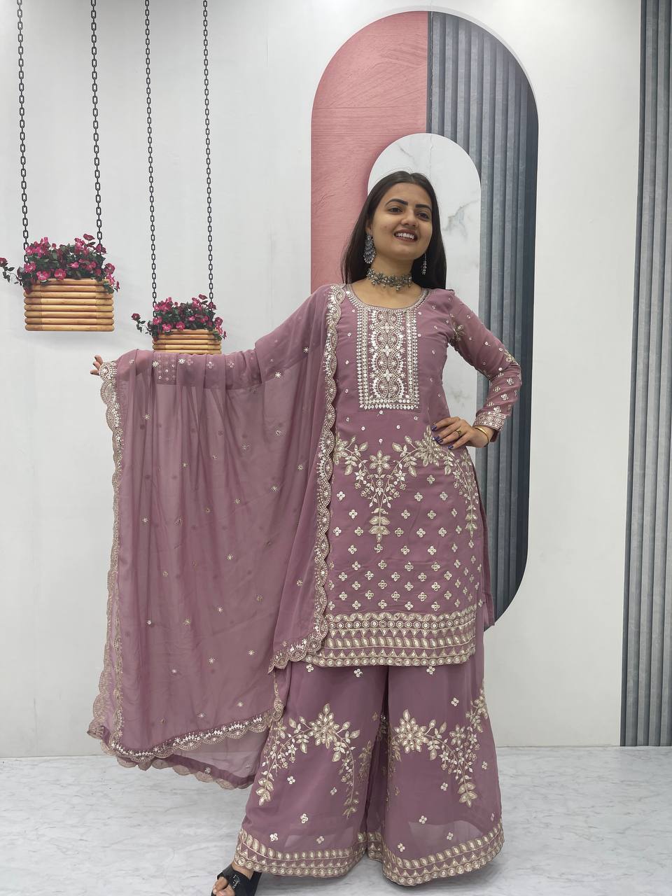 Premium Fox Georgette Embroidered Kurti & Palazzo Set with Dupatta
