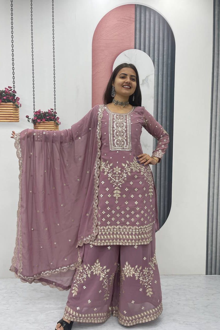 Premium Fox Georgette Embroidered Kurti & Palazzo Set with Dupatta