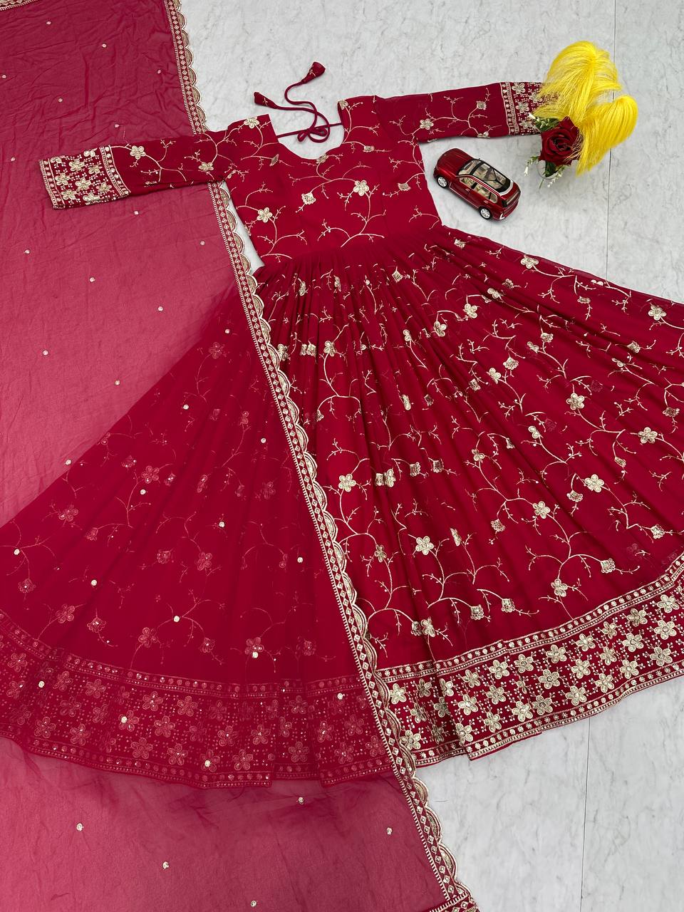 Premium Fox Georgette Embroidered Partywear Gown & Dupatta Set