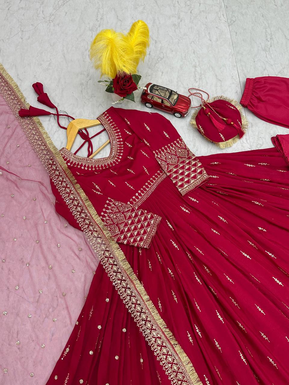 Premium Pure Chinon Silk Embroidered Gown Set with Matching Fancy Purse