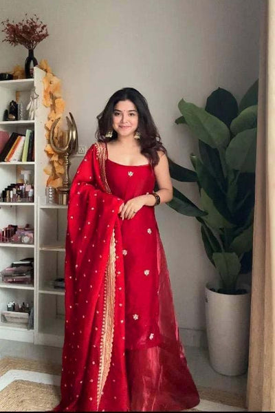 Woman in a red saree standing indoors with a plant and shelf in the background
