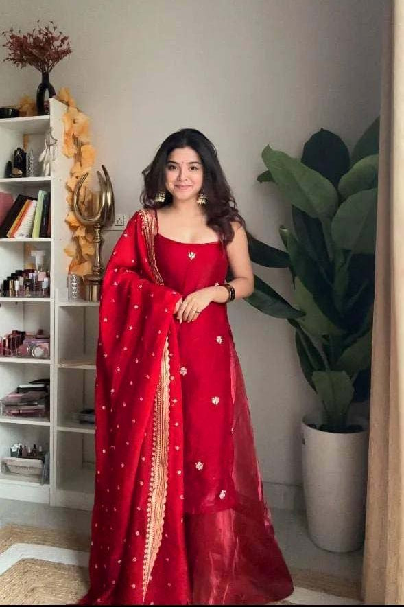 Woman in a red saree standing indoors with a plant and shelf in the background